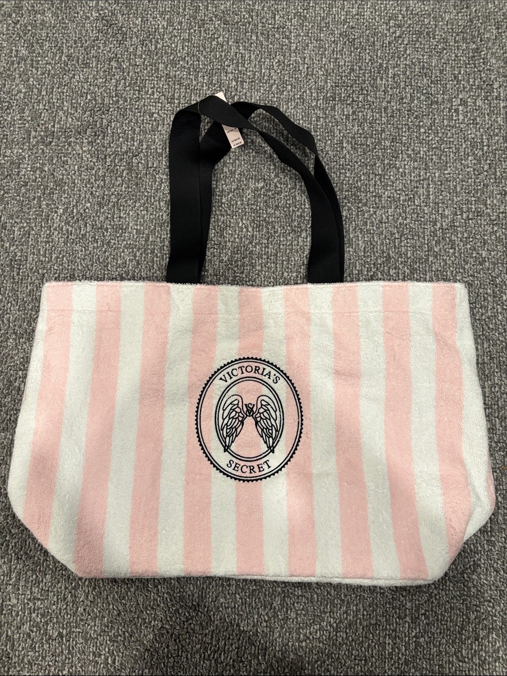 Victoria's Secret Pink and White Striped Terry Tote with Black Handles